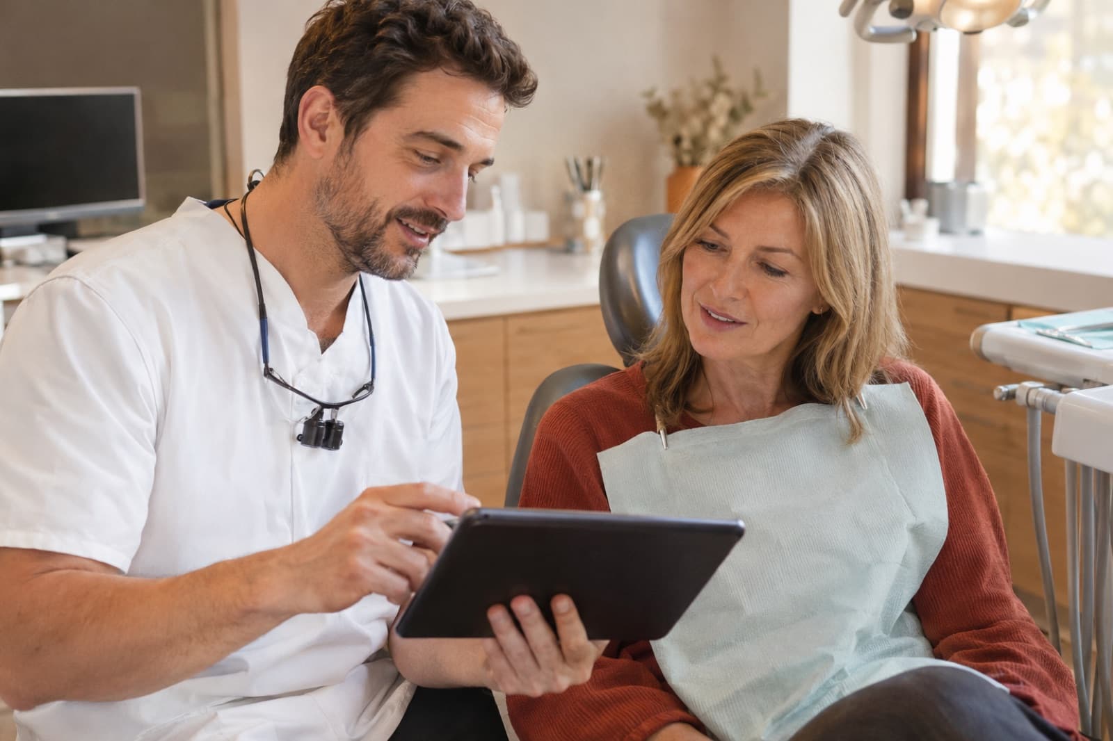 En fin de consultation, le dentiste montre le devis à sa patiente sur une tablette