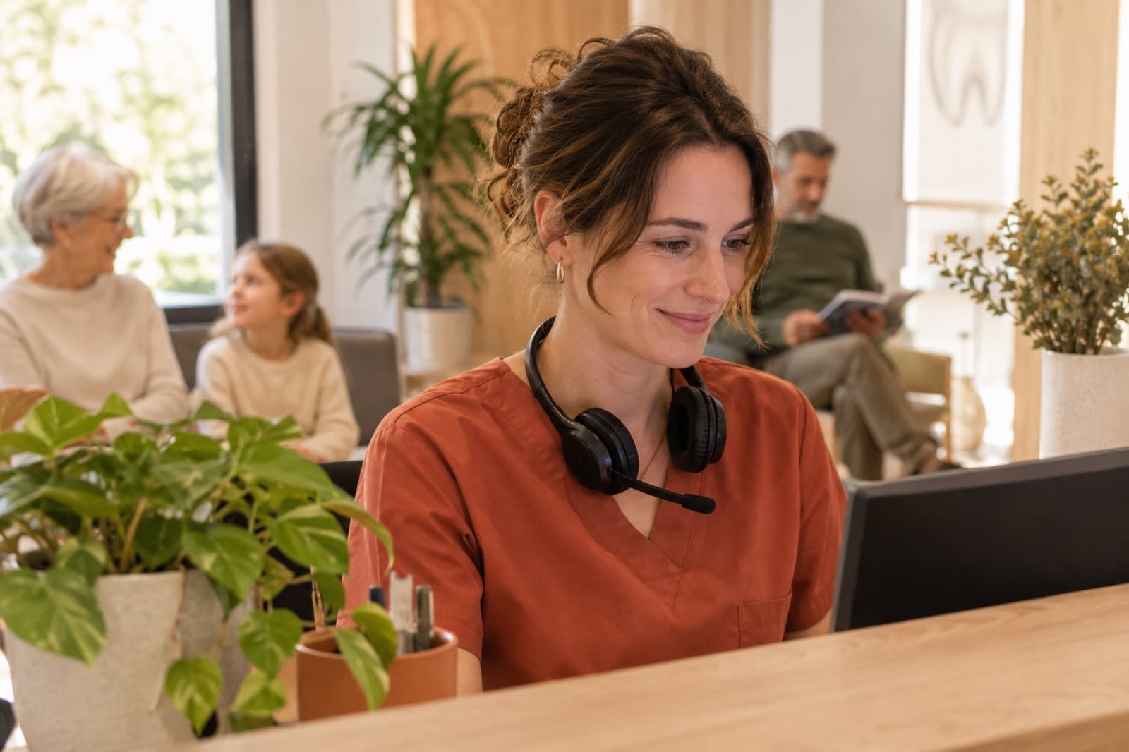Une assistante au casque, à l'accueil du cabinet