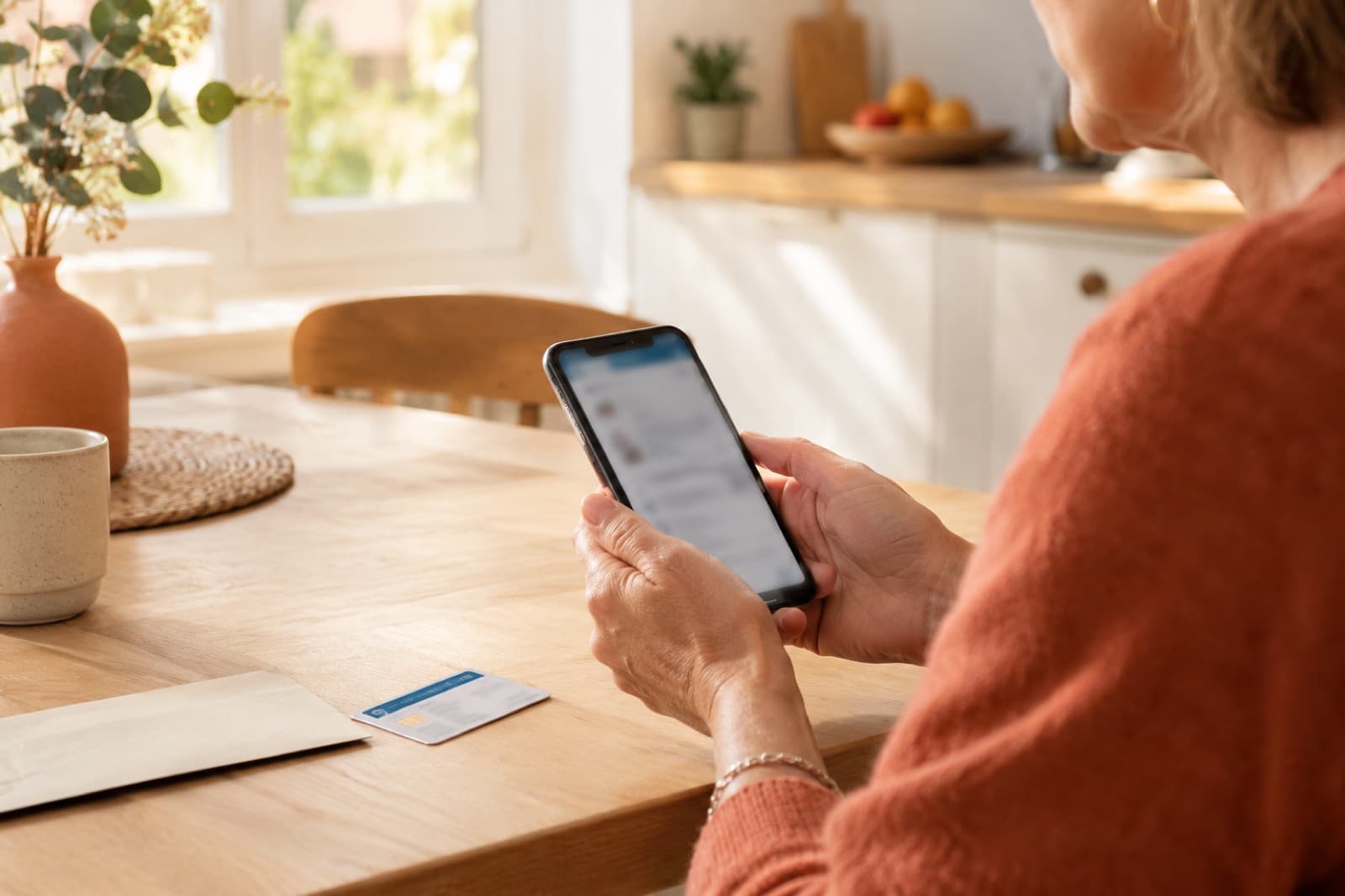 Une patiente suit la marche à suivre sur son téléphone