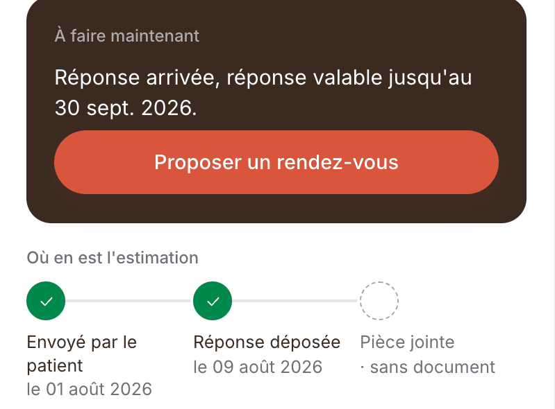 À faire maintenant : réponse arrivée, valable jusqu'au 30 septembre 2026, proposer un rendez-vous